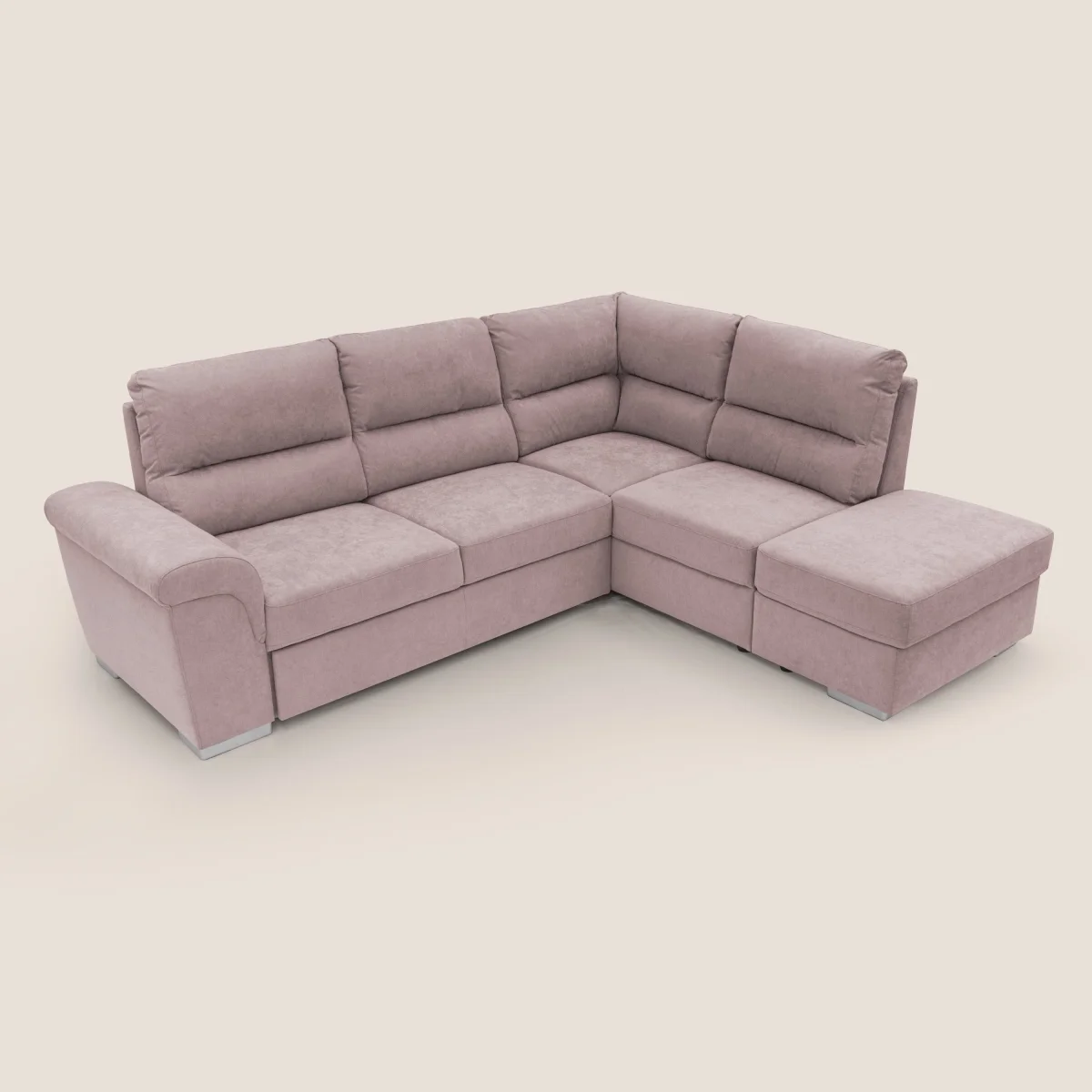 Minerva Ecksofa mit Bettkastenauszug und Hocker mit Stauraum aus wasserfestem, weichem Stoff T02 rosa – Bild 8
