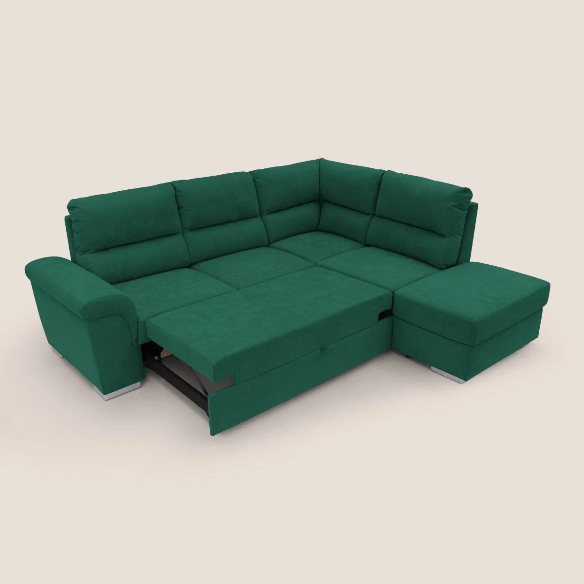 Minerva Ecksofa mit Bettkastenauszug und Hocker mit Stauraum aus wasserfestem, weichem Stoff T02 grün – Bild 3