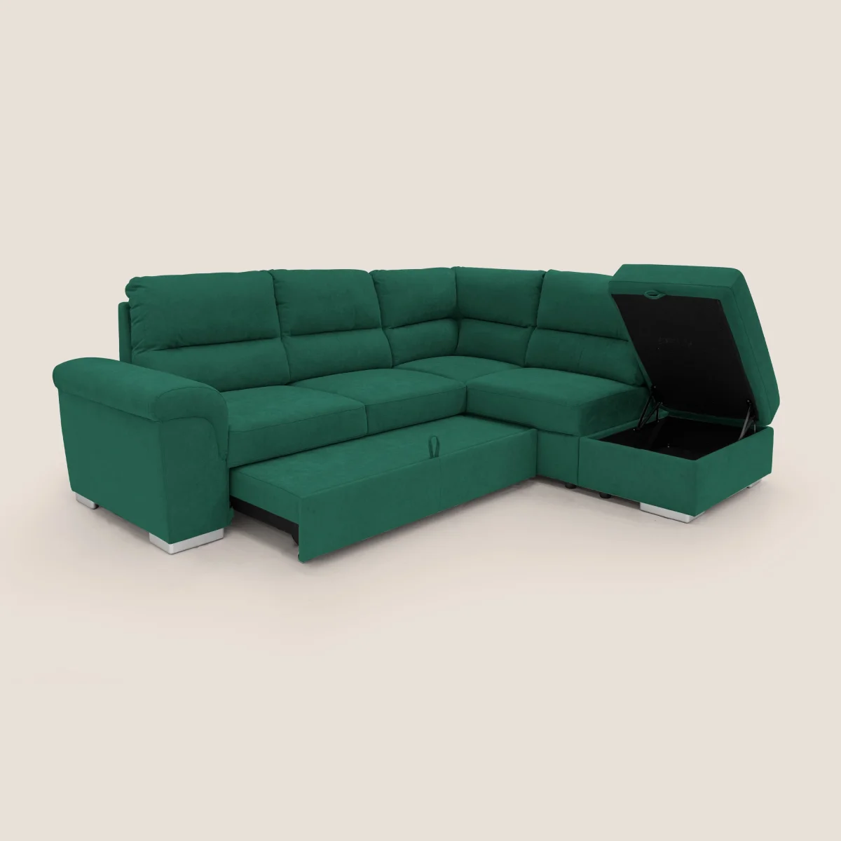 Minerva Ecksofa mit Bettkastenauszug und Hocker mit Stauraum aus wasserfestem, weichem Stoff T02 grün – Bild 4