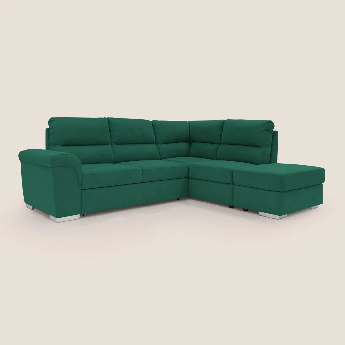 Minerva Ecksofa mit Bettkastenauszug und Hocker mit Stauraum aus wasserfestem, weichem Stoff T02 grün – Bild 7